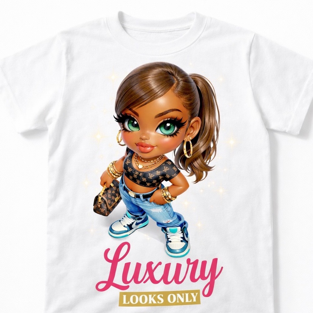 Graphic Tee with 'Luxury' Doll Art